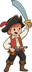 Cartoon pirate, red hair, tricorn hat, red feather, 