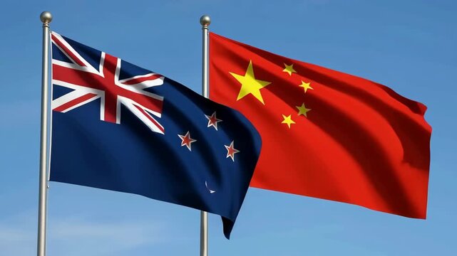 New Zealand and China flags waving together