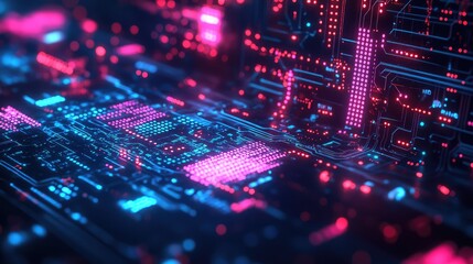 Digital circuit board processing data with cyber glowing lights