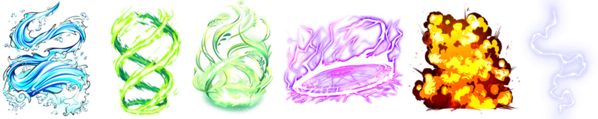 A collection of stylized elemental magic attack effects, including water, wind, earth/grass, arcane, fire, and lightning, perfect for game development or digital art projects.
