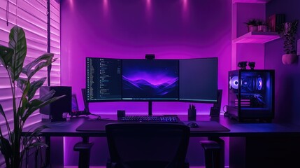 Modern gaming and workstation setup with purple led lighting