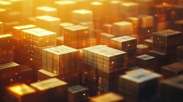 Golden cube city representing digital data network structure - Powered by Adobe