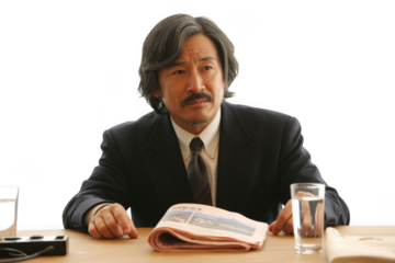 Asian businessman sitting at a table isolated on transparent background