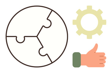 Puzzle globe represents collaboration, gear symbolizes process, and thumbs-up signifies approval. Ideal for teamwork, partnerships, strategy, problem-solving, efficiency success and unity. Simple
