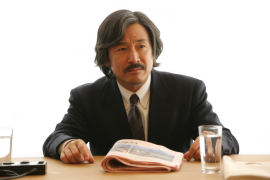 Asian businessman sitting at a table isolated on transparent background - Powered by Adobe