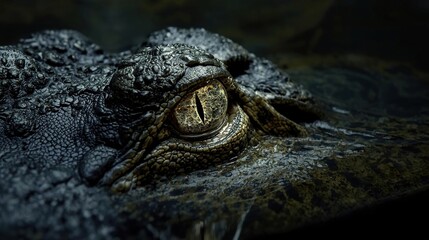Fototapeta premium Close-up of crocodile eye in dark natural habitat