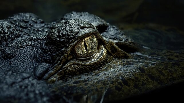 Close-up of crocodile eye in dark natural habitat - Powered by Adobe