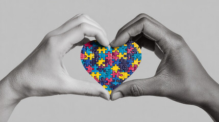 Hands forming heart shape with puzzle pieces symbolising autism.