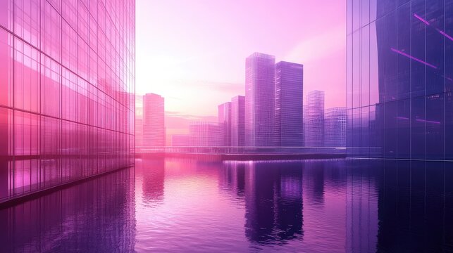 Futuristic glowing city architecture reflecting in purple water surface
