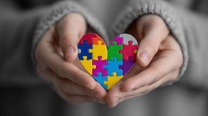 Hands holding a heart shaped puzzle with colorful puzzle pieces.