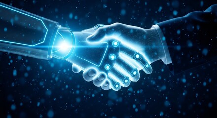 Digital handshake between a businessman and an artificial intelligence robot, representing a future partnership and agreement in technology