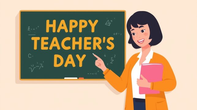 Happy teachers day greeting with woman teacher and chalkboard