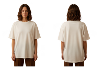 Woman wearing a cream t shirt front and back isolated on transparent background