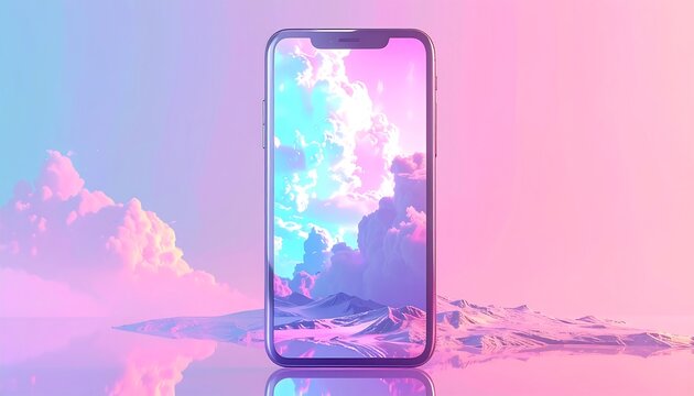 A smartphone displaying a vibrant dreamscape with pastel clouds and mountains reflected in the water, under a gradient sky