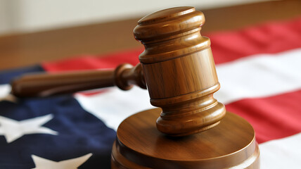 Wooden Gavel Resting on American Flag Close Up judge justice