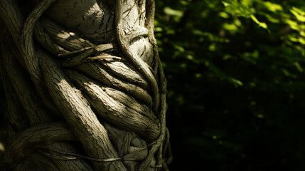 constraint. A tree trunk bound by thick vines in a forest, sunlight filtering through leaves. gardening catalogs, home-decor guides, designed for gardening and botanical catalogs.