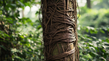 constraint. A tree trunk bound by thick vines in a forest, sunlight filtering through leaves. gardening catalogs, home-decor guides, designed for gardening and botanical catalogs.
