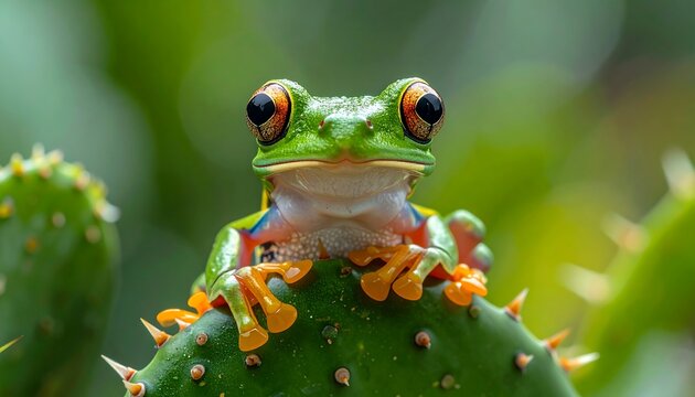 A vibrant green frog with large, orange-ringed eyes sits perched on a spiky cactus against a blurred green backdrop
