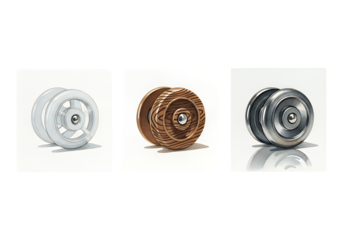 Three distinct yo-yos, showcasing modern plastic, classic wood, and sleek metal designs, perfect for vintage toy collections or creative projects.