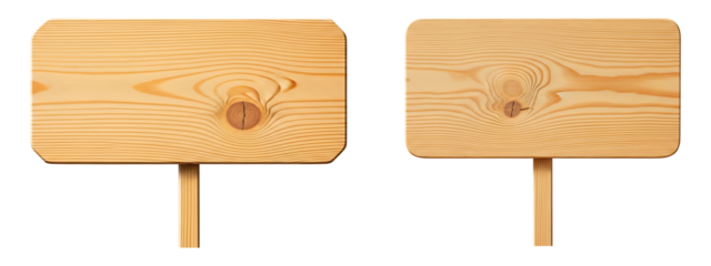 Two blank rustic wooden signs with natural wood grain texture isolated on transparent background