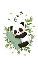 Fototapeta premium A cute panda sleeping on a green pillow.