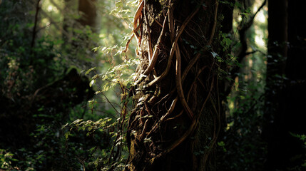constraint. A tree trunk bound by thick vines in a forest, sunlight filtering through leaves. gardening catalogs, home-decor guides, designed for gardening and botanical catalogs.