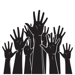 Diverse Group of Raised Hands in Silhouette on White Background