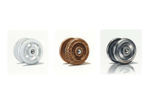 Three distinct yo-yos, showcasing modern plastic, classic wood, and sleek metal designs, perfect for vintage toy collections or creative projects.
