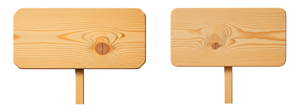 Two blank rustic wooden signs with natural wood grain texture isolated on transparent background