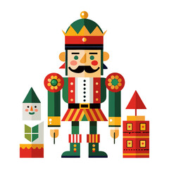 Naklejka premium Festive Wooden Nutcracker Vector Flat Design, Cartoon Toy Soldier, Traditional Decoration Icon, Holiday Season Element, King Character Isolated elements. 