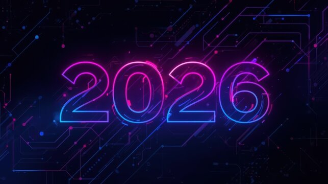 Futuristic digital 2026 neon numbers on dark circuit background