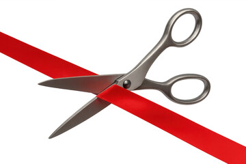 Stainless steel scissors cutting red ribbon, symbolizing grand opening, inauguration, ceremony, new business launch, beginning