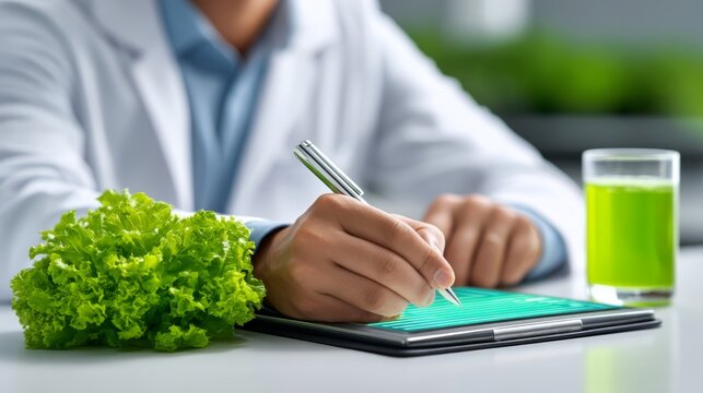 Person's hand ,corporate, meeting, global, sustainability, green, technology, Manager Writing Notes on Green Technology Prototype with Copy Space for Text