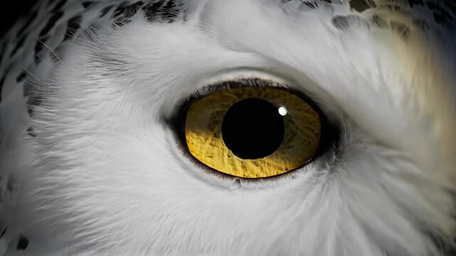 Close-up of a majestic snowy owls eye opening, revealing its piercing yellow gaze.