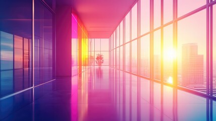 Modern office corridor overlooking vibrant sunset cityscape