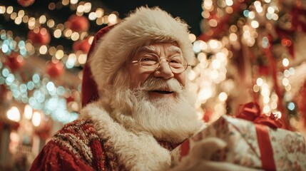 A joyful Santa Claus surrounded by Christmas decorations and lights, holding a gift with a big smile, 8k, realistic, full ultra HD, high resolution, cinematic photography
