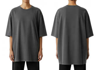 Dark grey oversized t shirt front and back view isolated on transparent background