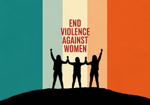 Silhouettes of three women with raised fists stand on a hill against a colorful background with text end violence against women