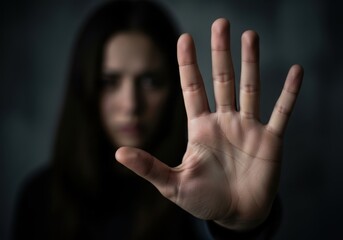 A woman holds up her hand in a stop gesture, looking distressed, symbolizing the fight against violence and abuse