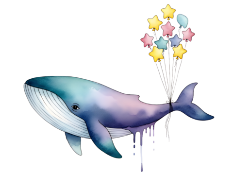 Whimsical whale magically floating upwards with a cluster of colorful star balloons tied to its tail