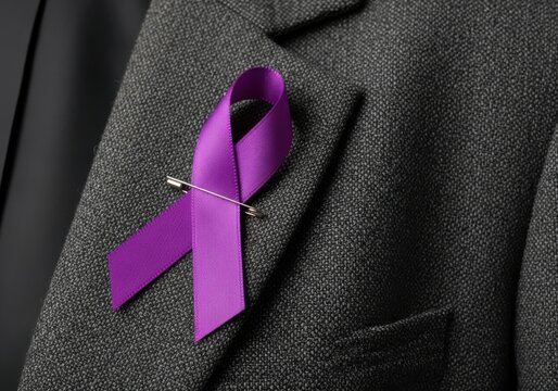 A purple ribbon pinned to a dark grey suit jacket, symbolizing awareness and support for various causes