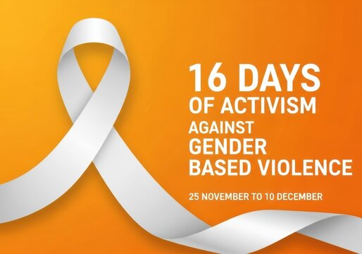 A white ribbon against an orange background with the text 16 days of activism against gender based violence