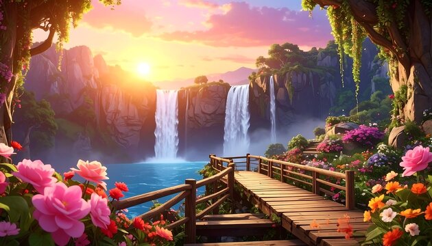 A vibrant, idyllic landscape featuring a waterfall cascading into a serene lake. Lush flora surrounds a wooden walkway