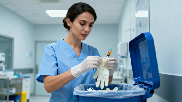 Focused nurse in hospital practices medical waste management throwing glove into special container for safe disposal