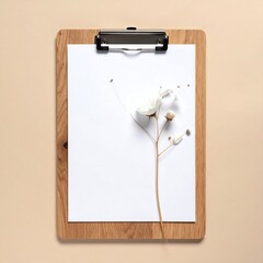 Wooden clipboard with blank paper and a delicate, dried white flower