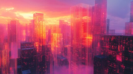 Futuristic city buildings glowing at cyberpunk sunset