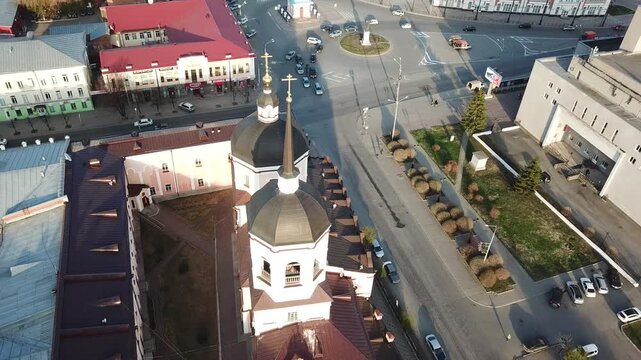 Aerial view of Epiphany Cathedral in Tomsk city. Siberia, Russia.