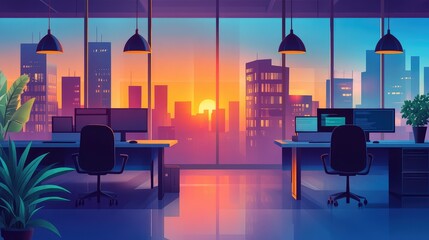 Empty modern office workspace with sunset city view