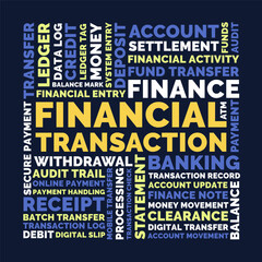 Financial Transaction Square Word Cloud, Banking Funds ledger and money transfer terms