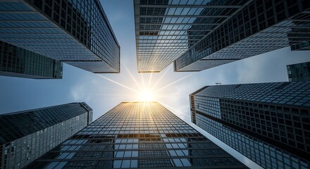 Sunlight Shining Through Modern Skyscrapers Against a Blue Sky